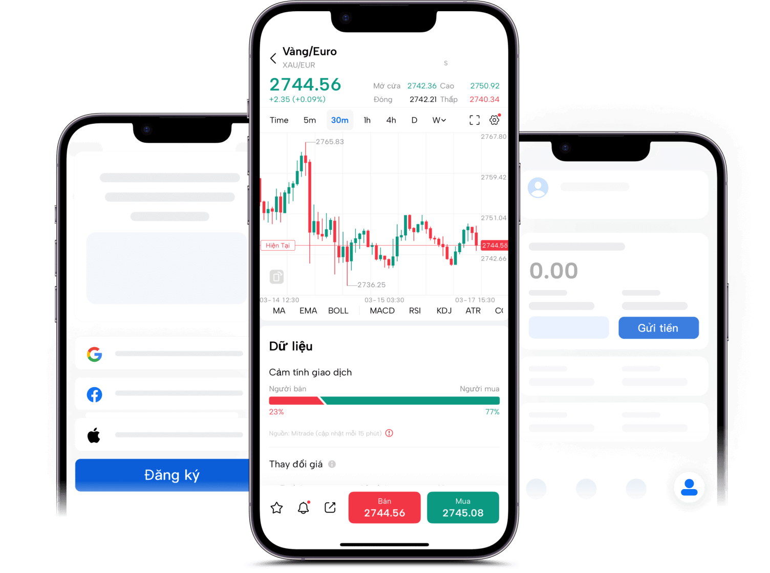 Hình ảnh giao diện khác nhau của ứng dụng di động Mitrade.